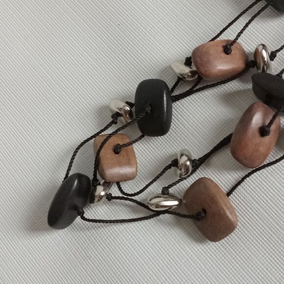 Black and Brown Wooden & Plastic Beaded Triple Strand Layered Fashion Necklace - Picture 7 of 9